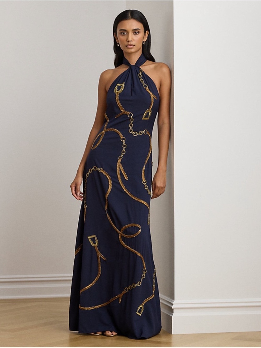 Lauren Ralph Lauren Belting Motif Sequined Crepe Gown